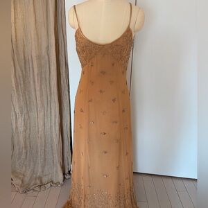 Adriana Papell Elegant Tan Beaded Gown